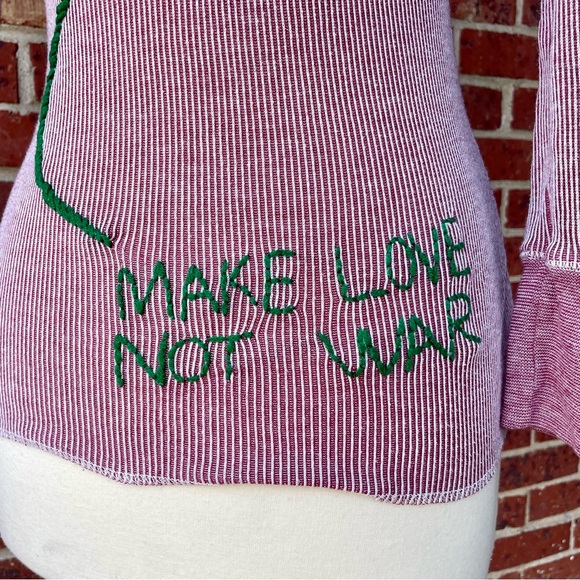 Scanty Brand Burgundy Red Striped Shirt Top Small Embroidered Bohemian Make Love - Picture 6 of 13